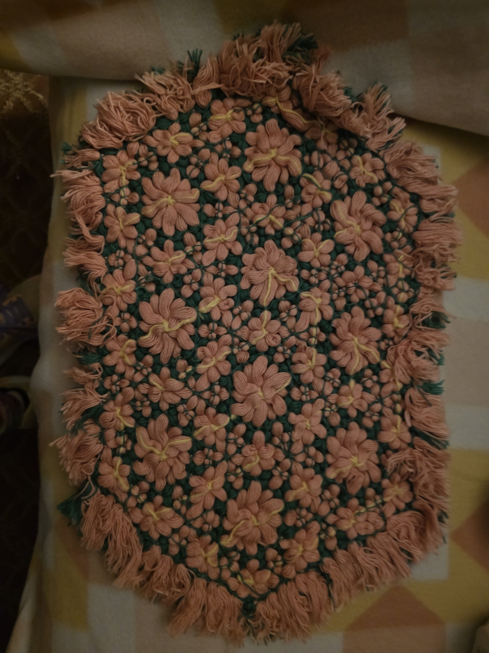 Handmade Floral Chenille Accent Placemat in Peach and Dark Green/ Red And Green.